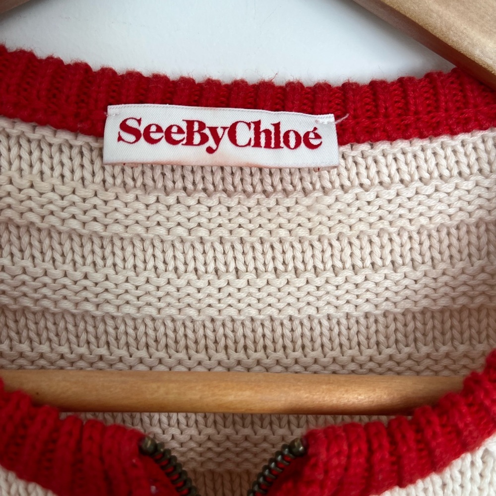 See By Chloe Red-Trim Cream Knit Sweater